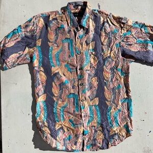 Men's Vintage Santana Shirt Multicolor Geometric M Silk 90s Light Breath Retro